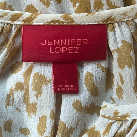 Jennifer Lopez White Tan Animal Print Blouse Cutout Sleeve V-Neck Long Sleeve - Picture 7 of 8